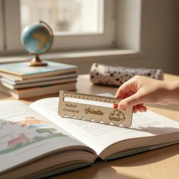 Personalisierbares Leselineal aus Holz als Geschenkidee in einer Schultüte platziert.